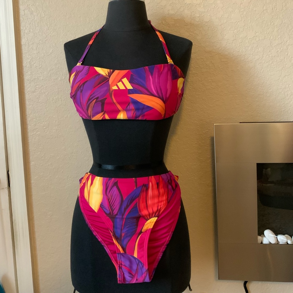 Adidas Vibrant Floral High-Waist Bikini Set - Pink, Purple & Orange